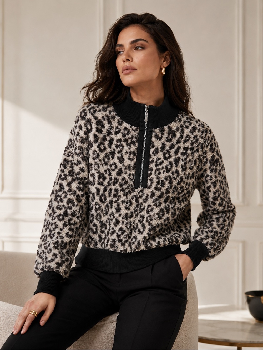 Cable & Gauge Leopard Half-Zip Teddy Jacket - Black & Cream